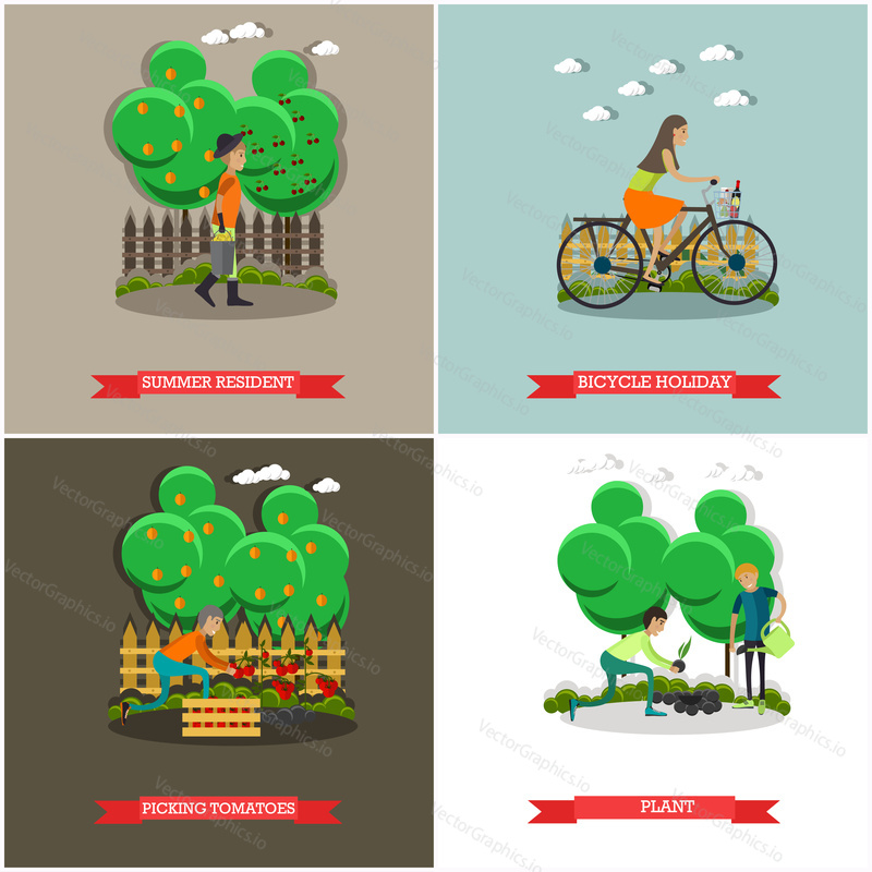 Vector set of gardening concept posters, banners. Summer resident, Bicycle holiday, Picking tomatoes and Plant design elements in flat style.