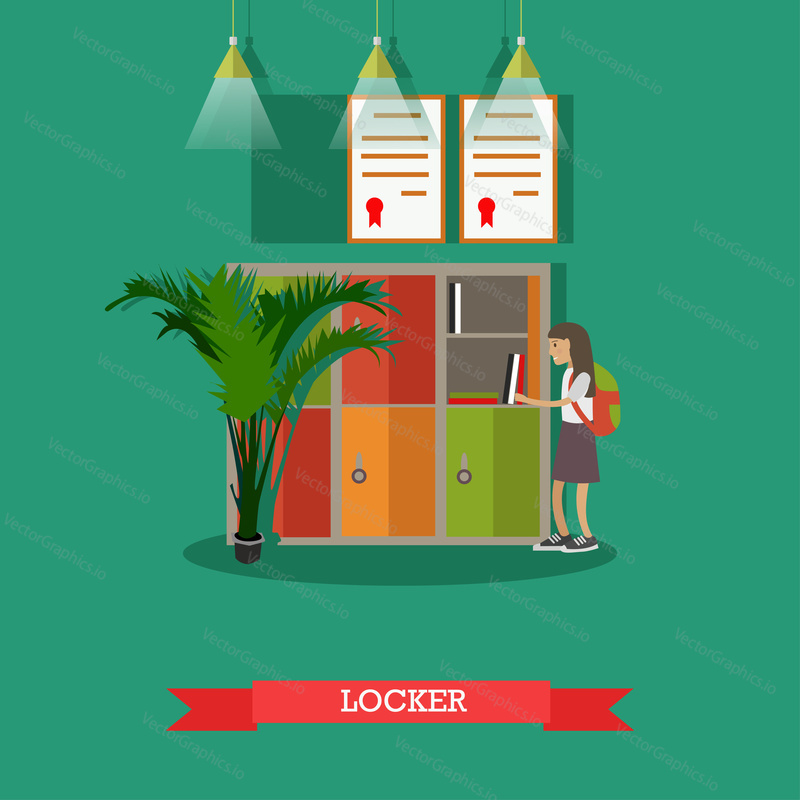 Vector illustration of school locker. Schoolgirl standing near the locker with opened door. School education concept design element in flat style.