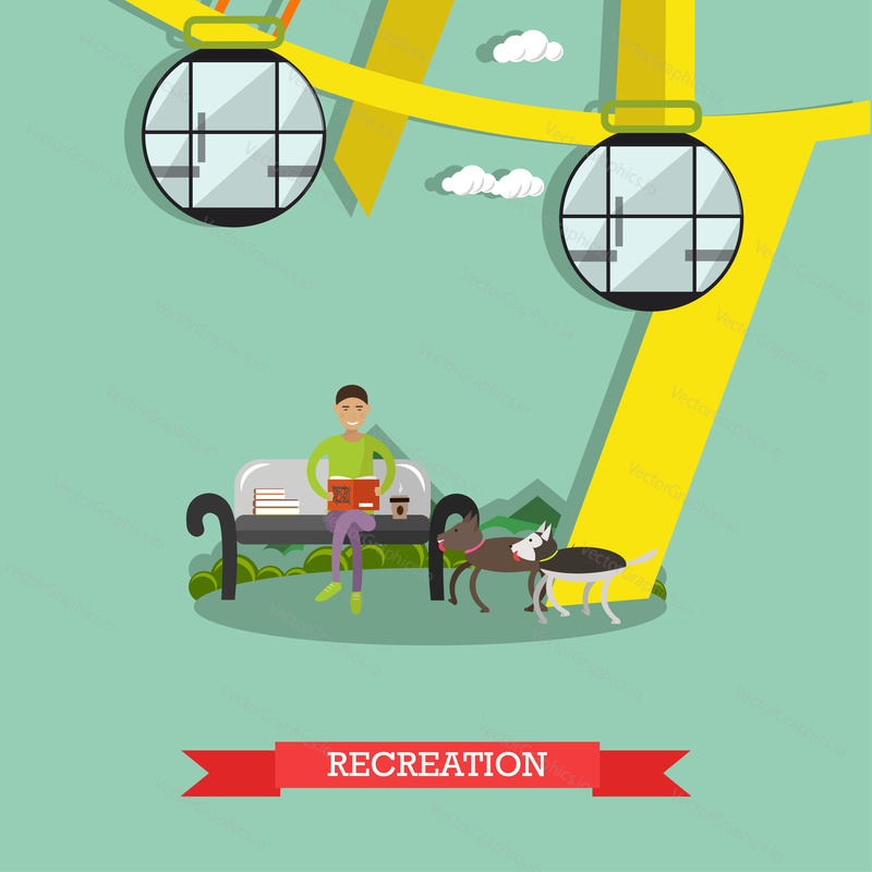Vector illustration of amusement park. Recreation concept design element with ferris wheel attraction, boy sitting on bench and reading book. Cartoon characters, flat style.