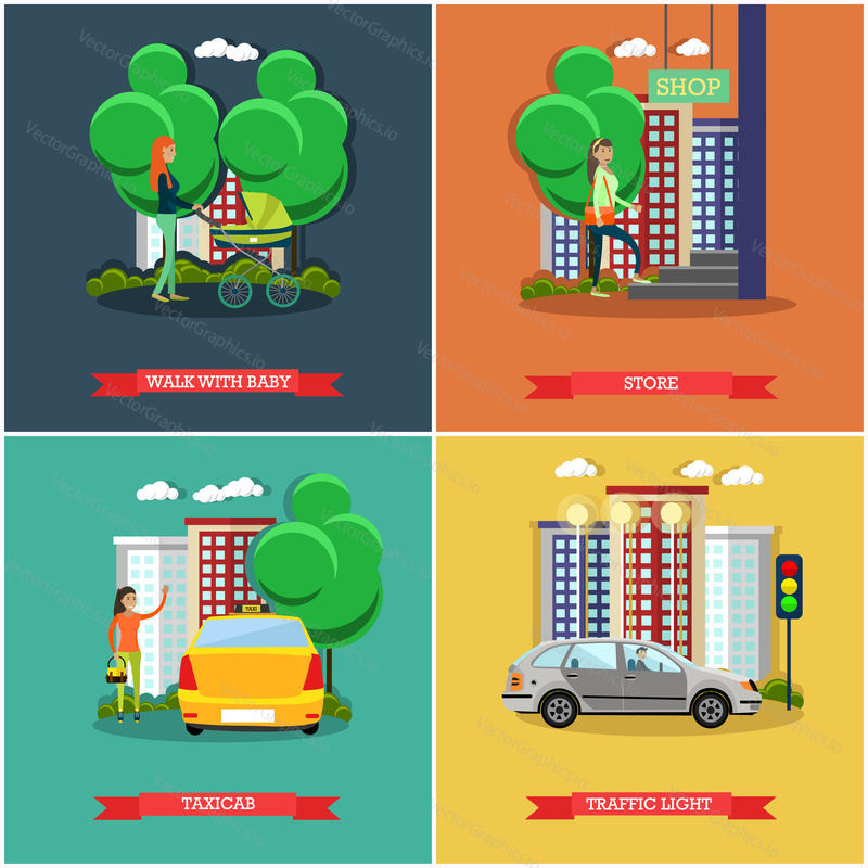 Vector set of street traffic posters, banners in flat style. Walk with baby, Store, Taxicab and Traffic light design elements.