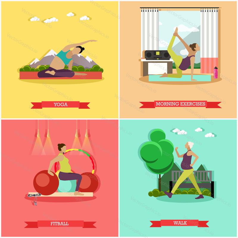 Vector set of healthy pregnancy. Morning exercise, fitness, fitball training, walk and yoga for pregnant women. Active healthcare lifestyle. Flat design