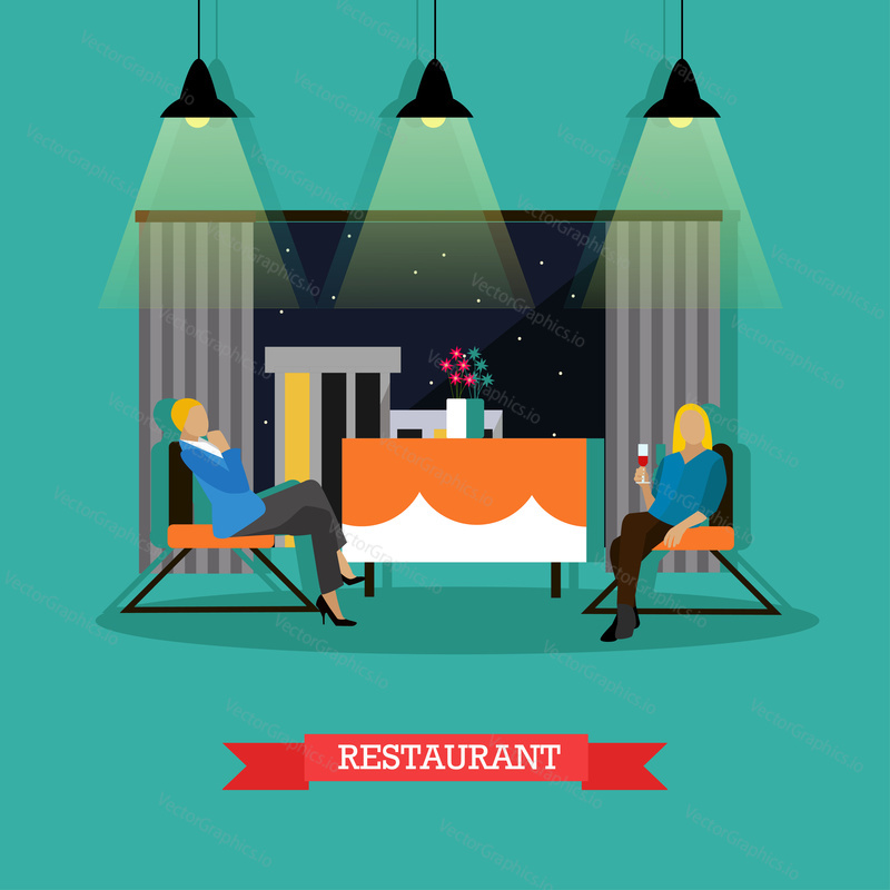 Restaurant interior, vector illustration in flat style. Restaurant design element with two women sitting at the table.