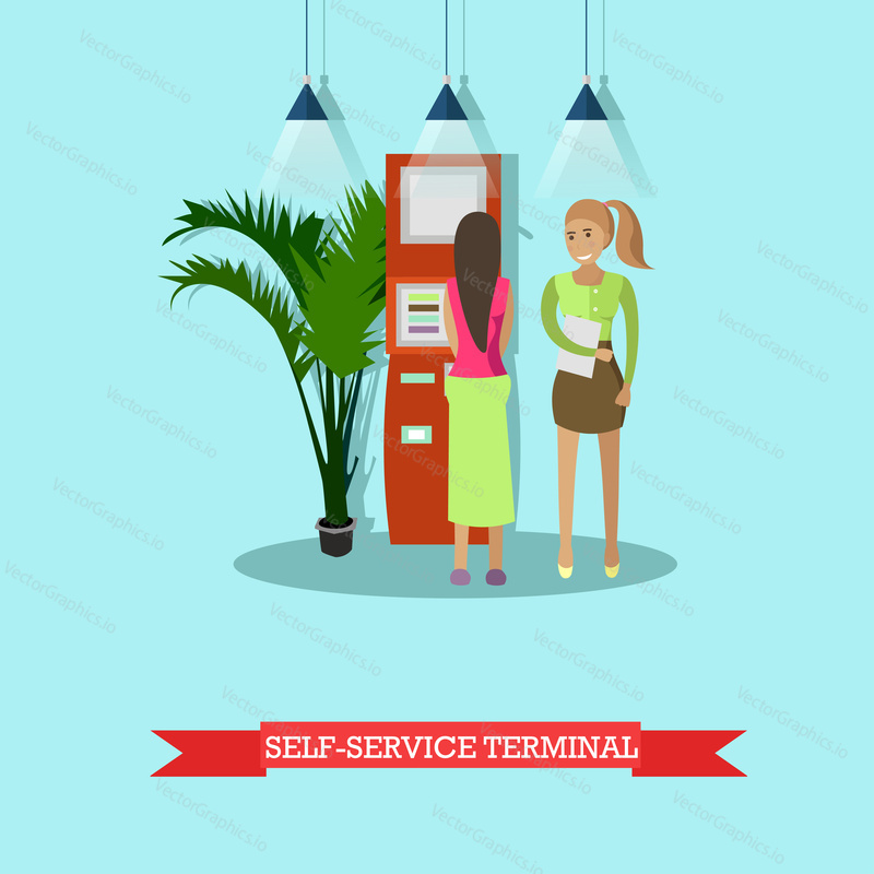 Vector illustration of people carrying out operations with self-service terminal. Banking and technology concept design element in flat style