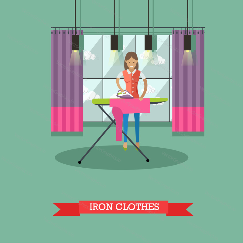 Woman ironing clothes vector illustration. Housewife uses the home appliance.