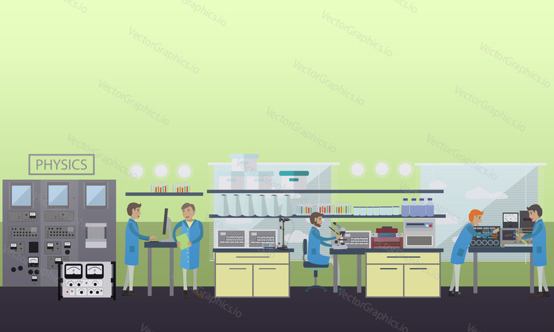 Physics concept vector illustration in flat style. laboratory interior, physicists carrying out experiments using lab glassware and equipment.