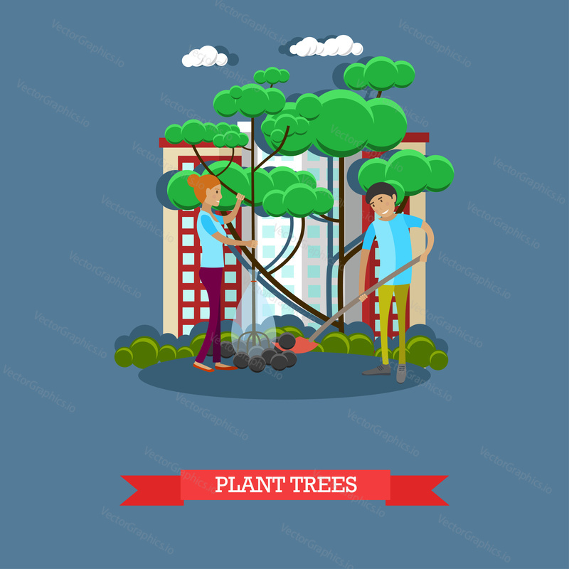 Vector illustration of volunteers young man and woman planting trees in the street. Voluntary organizations services concept design element in flat style.