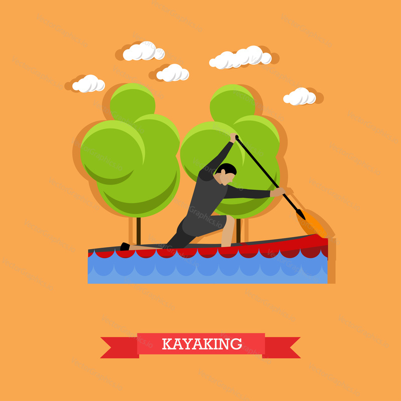 Man swims in kayak with paddle. Kayaking sportsman. Active lifestyle. Vector illustration in flat design