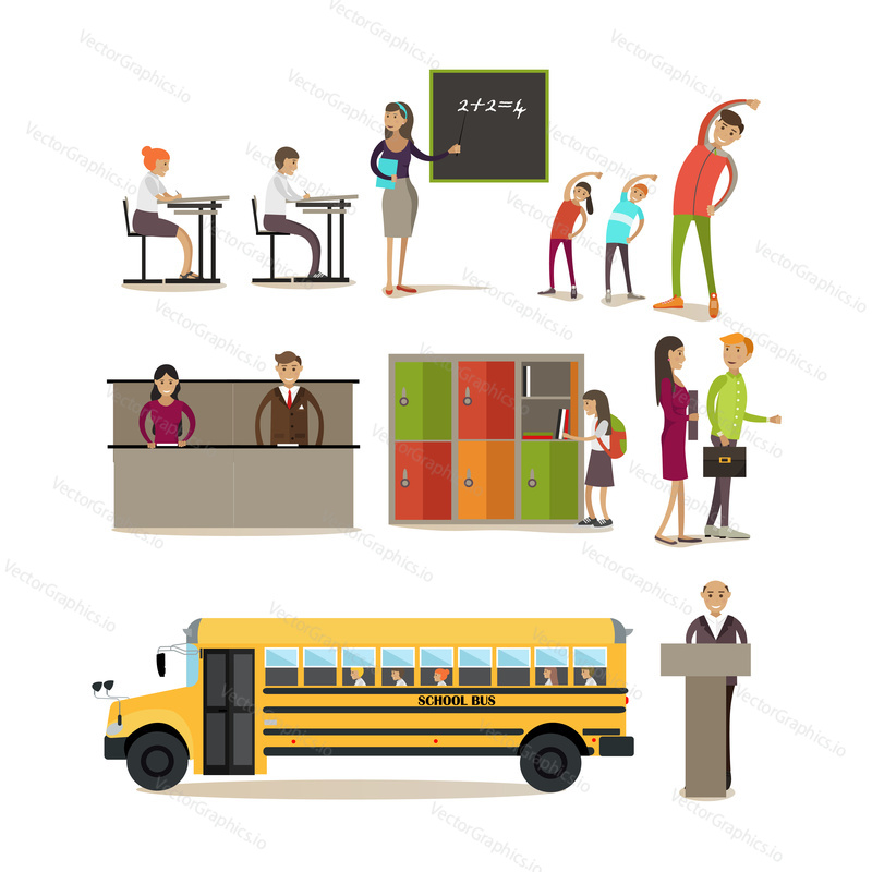 Vector set of school kids, students, teachers cartoon characters in flat style. School concept design elements, icons isolated on white background.