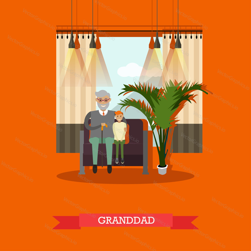 Vector illustration of granddad with his grandson sitting on sofa. Family concept design element in flat style.