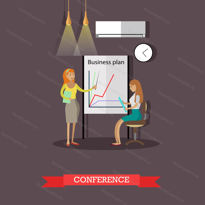 Business collection, conference concept vector illustration in flat style. Women presenting business plan.