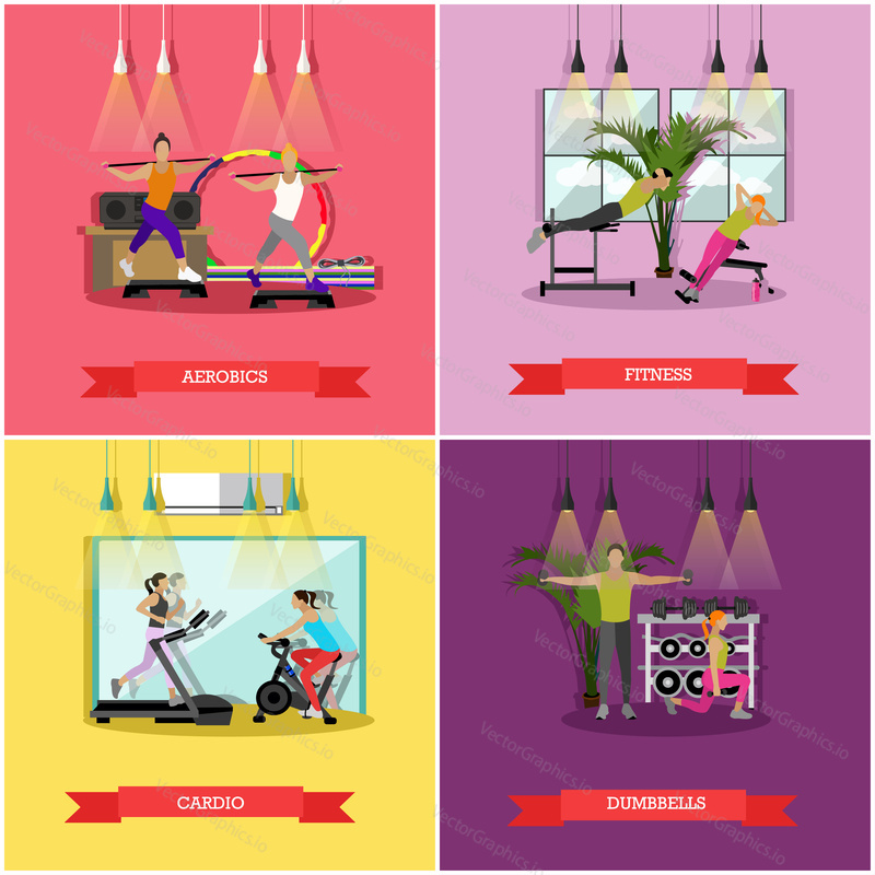 Vector set of workouts for men and women in the gym or fitness studio. Cardio trainings, aerobics, exercises with dumbbells and fitness, sports equipment and training machines. Flat design