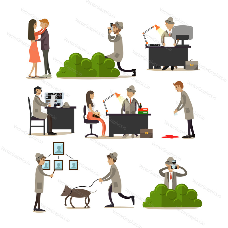 Vector icons set of detective profession characters isolated on white background. Private detective, enquiry agent working at office and outside flat style design elements.