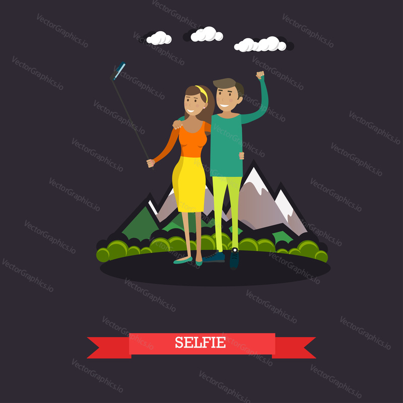Vector illustration of young couple taking selfie with mobile and selfie stick monopod. Photo equipment design element in flat style.