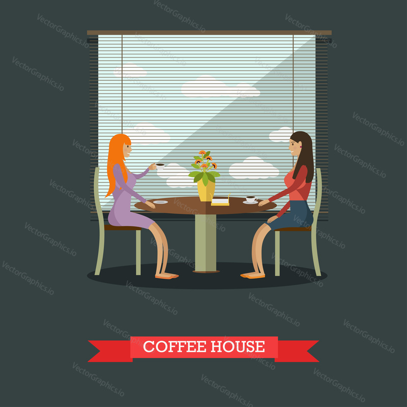 Coffee house concept vector illustration in flat design. Women sitting at table, drinking coffee and chatting. Coffee house interior.