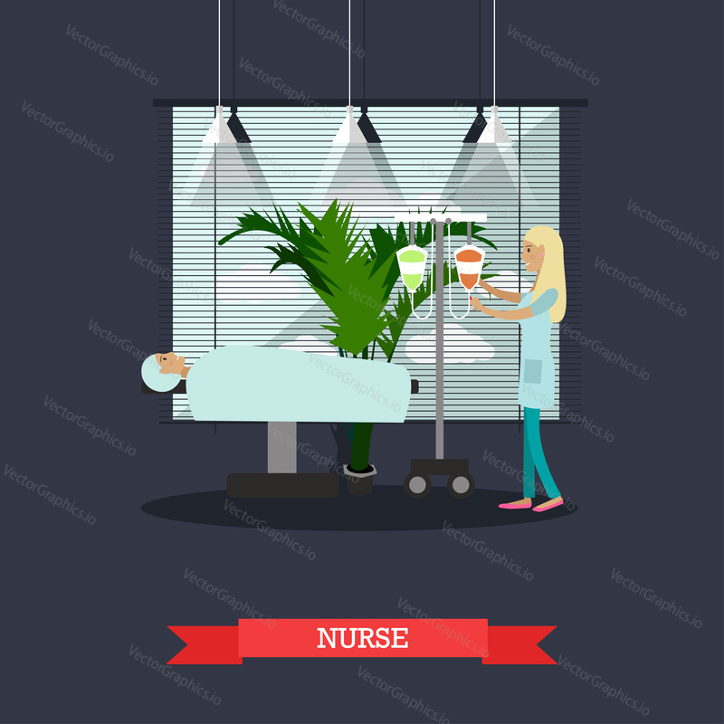 Nurse helping to patient to prepare to surgery in hospital. Vector medical concept in flat style design.