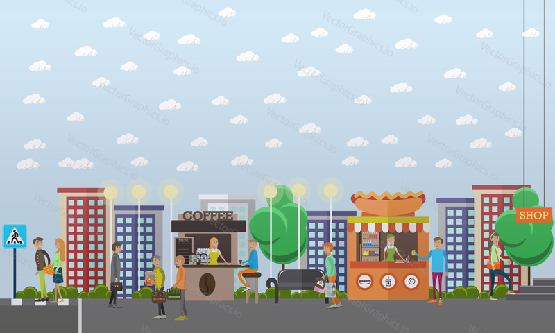 Street traffic concept vector illustration in flat style. Street food stalls, kiosks. People sellers and buyers. Couple crossing street.