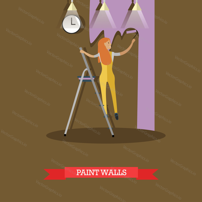 Vector illustration of woman painting wall. Painter profession, repairing a house concept design element in flat style.