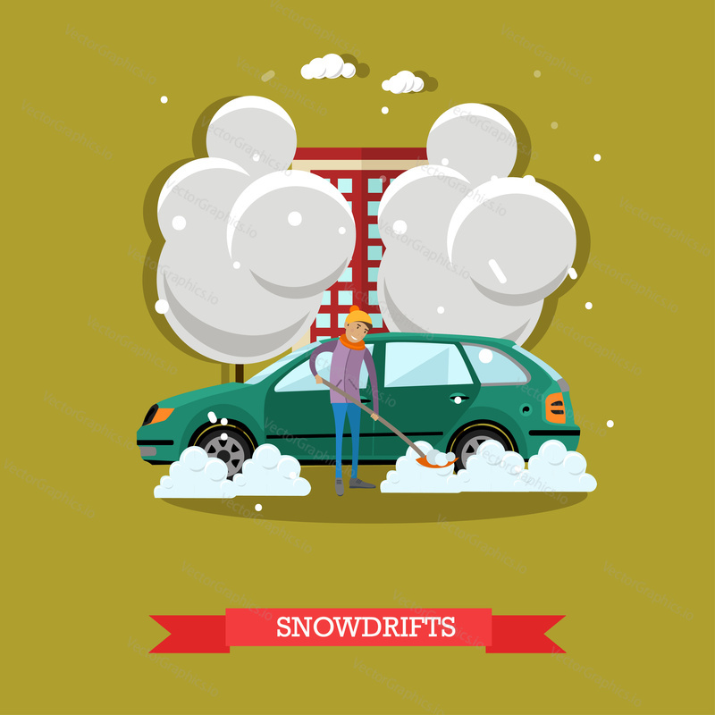 Vector illustration of boy clearing car from snow, shoveling snowdrifts. Winter people activities concept design element in flat style.
