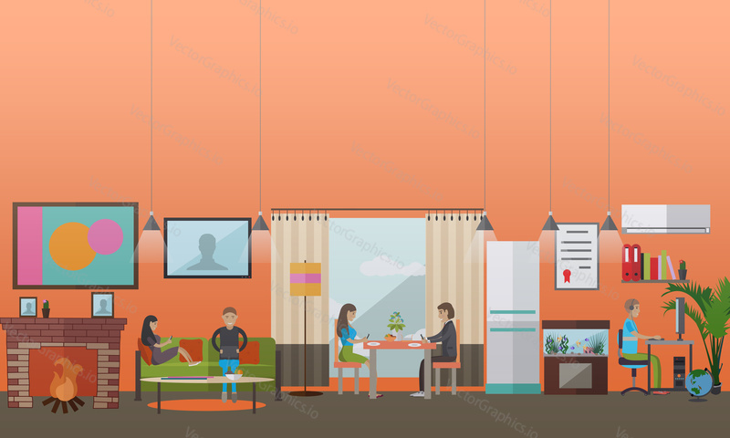 Vector illustration of people making use of various gadgets at home. Young men and women using smartphones, computer and laptop. Modern gadgets concept design element in flat style.