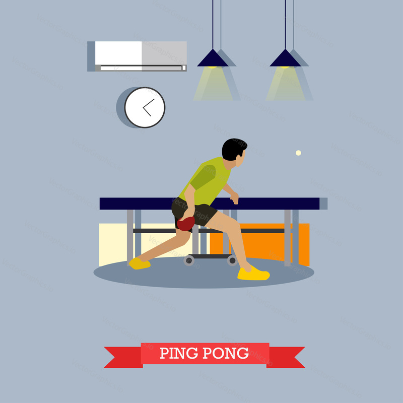 Ping-pong player trains in the club. Table tennis master fulfills his skills with paddle and ball. Vector illustration in flat design