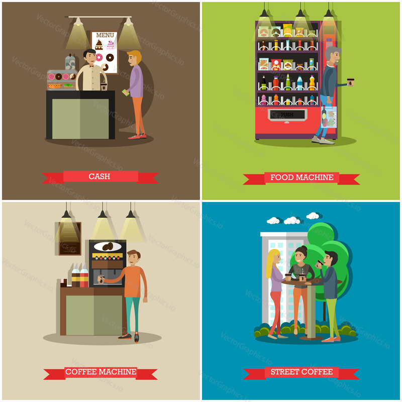 Vector set of coffee, cash concept posters, banners. Cash, Food machine, Coffee machine and Street coffee design elements in flat style.