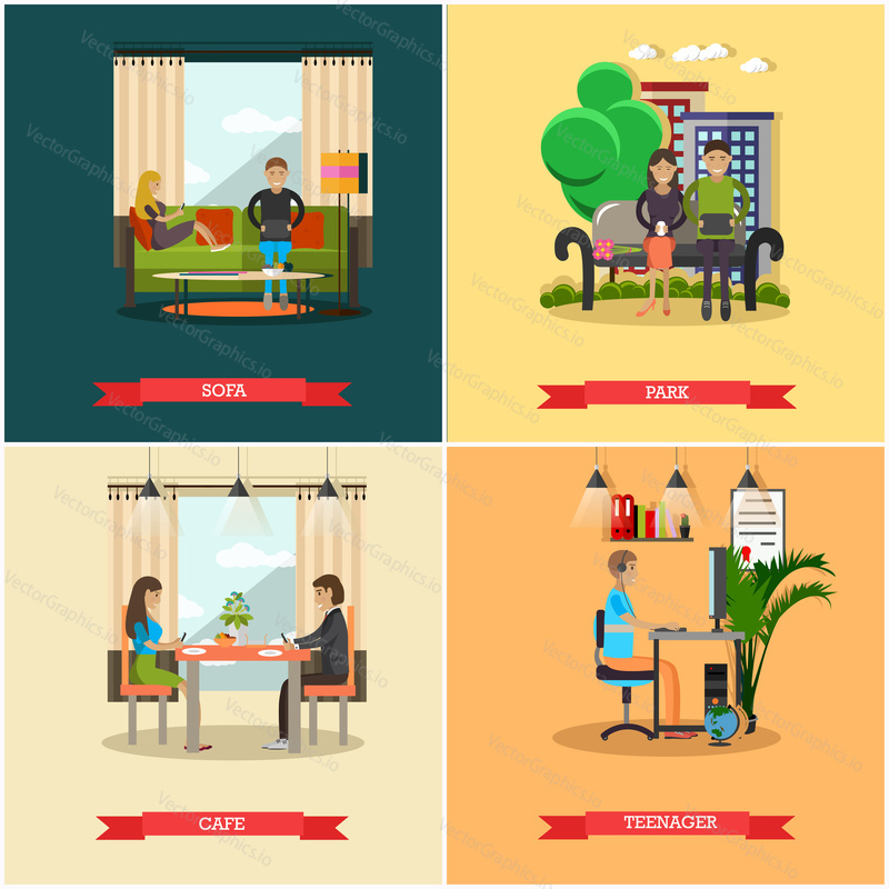 Vector set of modern gadgets for daily life concept posters, banners. Sofa, Park, Cafe, Teenager design elements in flat style.