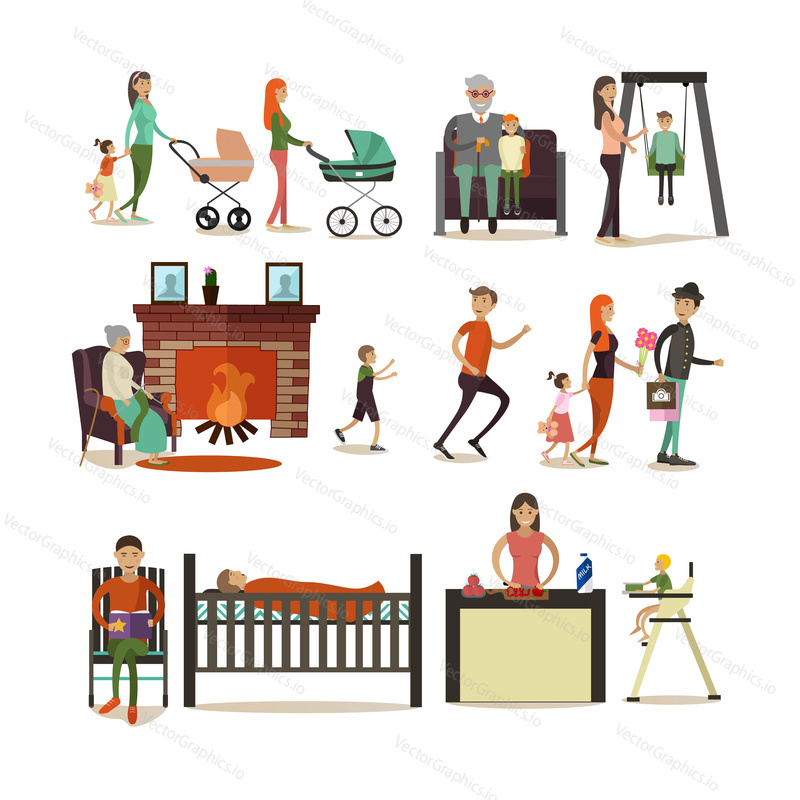 Vector set of family concept design elements, icons in flat style. Father, mother, grandfather, grandmother, children cartoon characters isolated on white background.