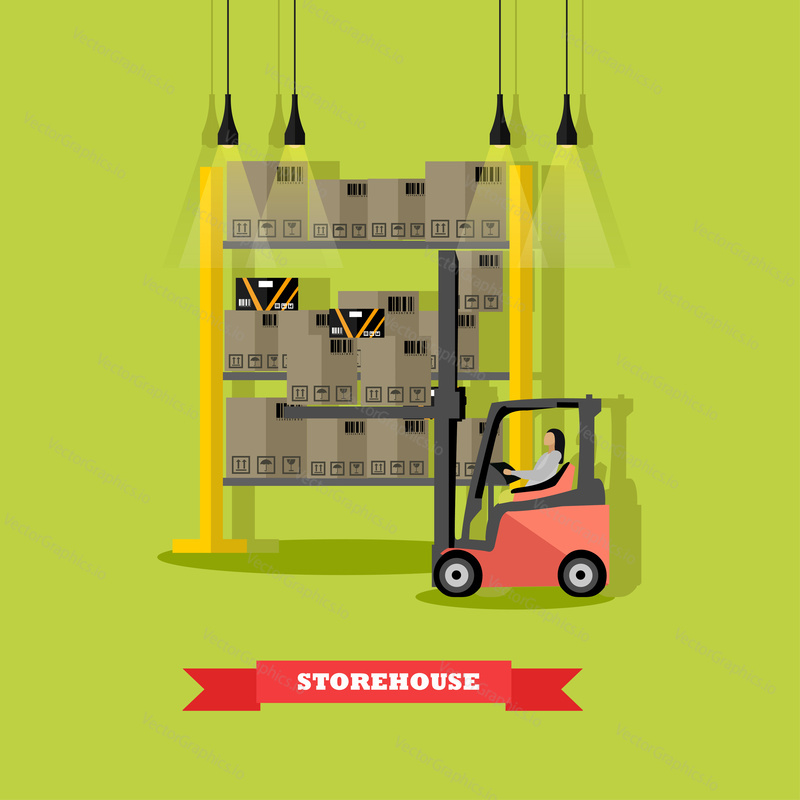 Vector illustration of distribution, removal of goods from warehouse by forklift. Logistics transportation, storage concept design element in flat style.