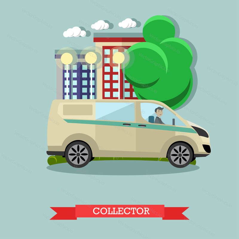 Vector illustration of collector, armored bank car. Banking, transportation of valuables, collection services concept design element in flat style.