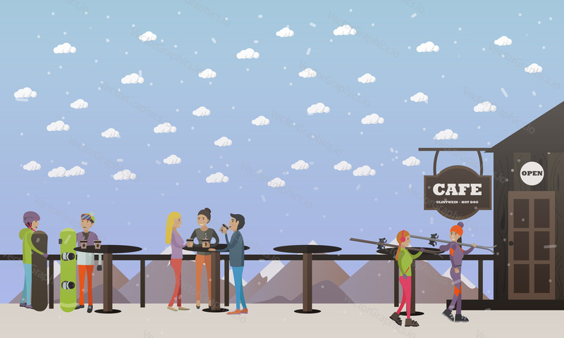 Vector illustration of cafe on mountain and visitors snowboarders, skiers, tourists. Winter mountain landscape. Winter travel, sports and recreation concept posters in flat style.