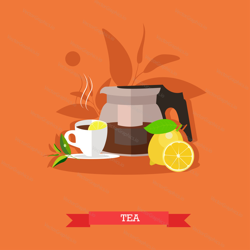 Vector illustration of modern glass teapot with freshly brewed tea, cup of hot, flavour tea and fresh, ripe lemon with slices. Popular drink for morning. Flat design
