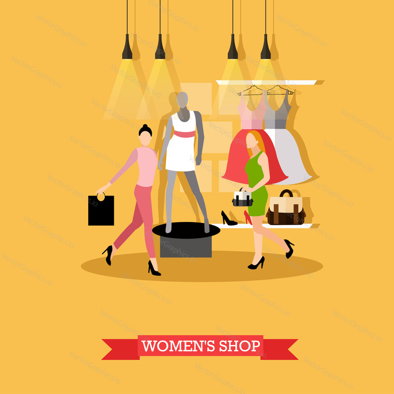 Vector illustration of womens shop in flat style. Women shopping, mannequin in casual summer clothes, dresses on hangers. Fashion clothing store, boutique interior.