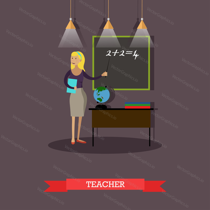 Vector illustration of mathematics teacher woman pointing at blackboard. Classroom interior. School concept design element in flat style.