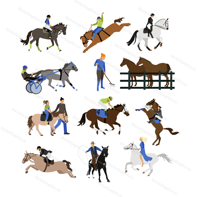 Vector set of horse riders icons. Horseback riding, cowboy with lasso, horse on its hind legs, equestrian sportsman, amateur rider, horsemanship, harness horse riding. Flat design