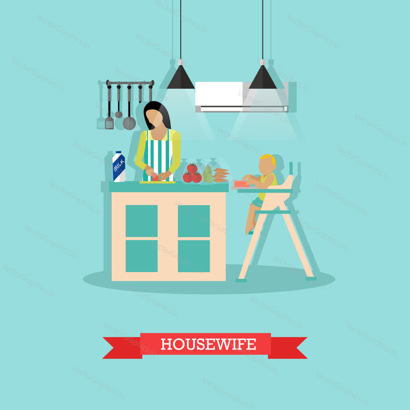 Vector illustration of mother and little son in kitchen. Woman is cooking, little boy is sitting at the table in baby chair. Housewife concept design element in flat style.