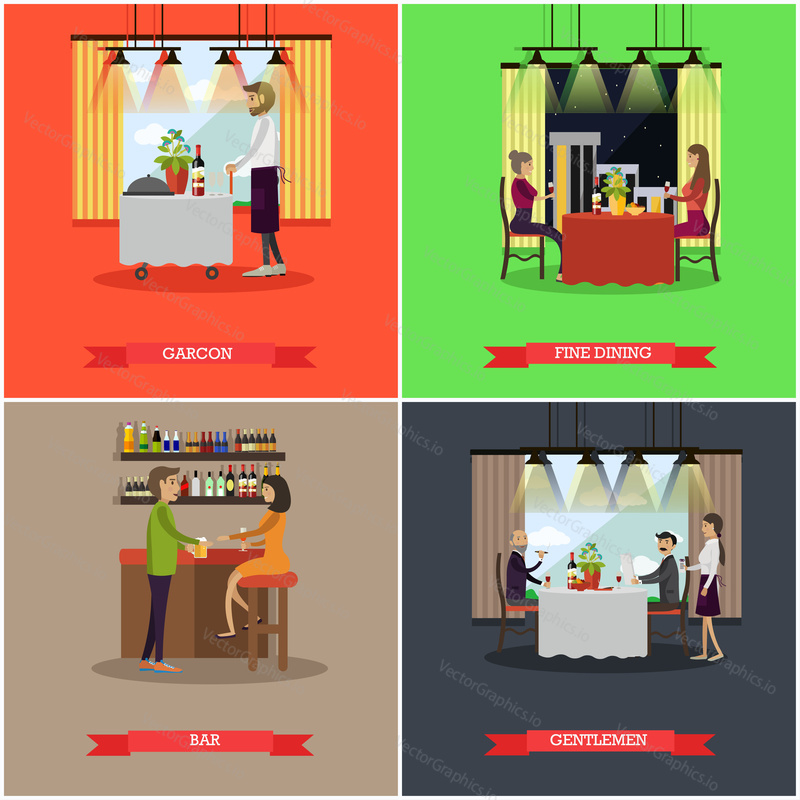 Vector set of pub and restaurant concept posters. Garcon, Fine dining, Bar and Gentlemen flat style design elements.