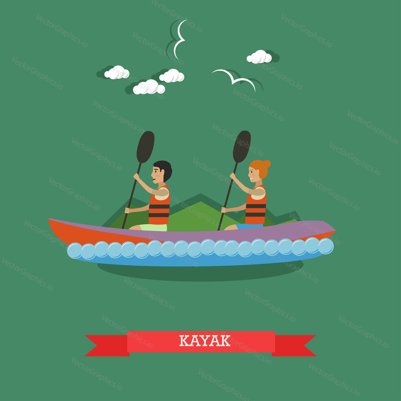 Kayaking concept vector illustration. Kayak, couple paddling. Extreme water sports, flat style design element.