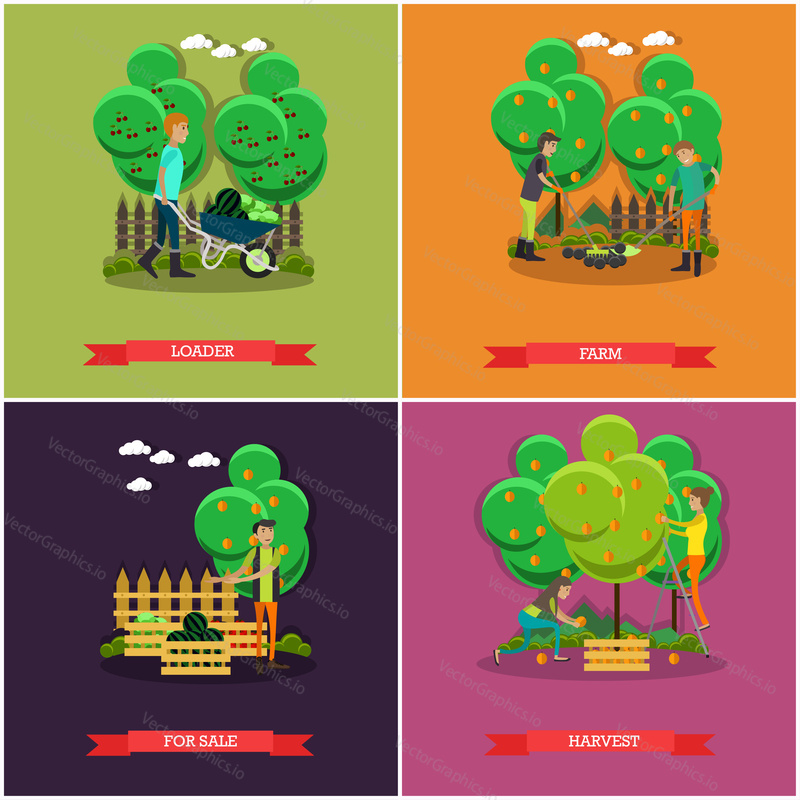 Vector set of gardening and farming concept posters, banners. Loader, Farm, For sale and Harvest design elements in flat style.
