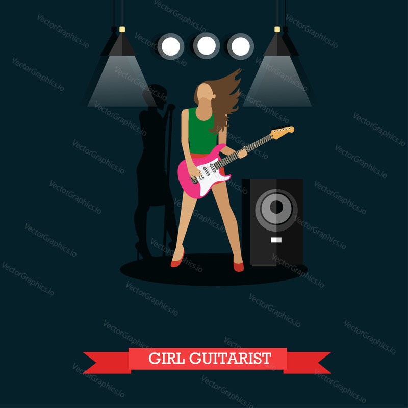 Girl Guitarist, vector illustration in flat style. Young woman playing electric guitar on stage, string musical instrument.