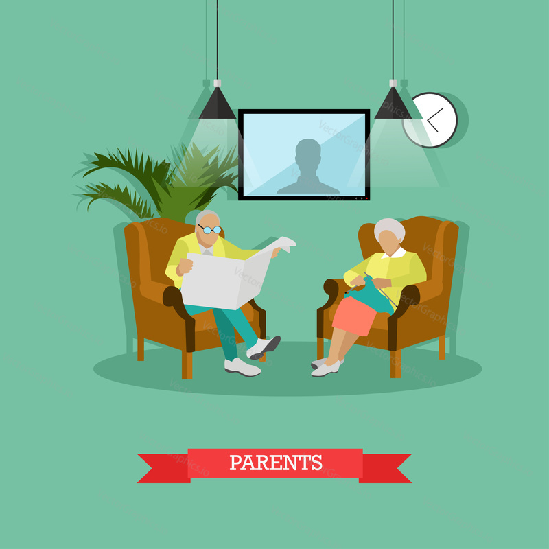 Vector illustration of parents sitting in armchairs. Man is reading newspaper, woman is knitting. Living room interior. Family concept design element in flat style.