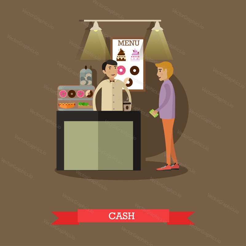 Vector illustration of barista and visitor paying cash for coffee. Coffee house, cafe, shop concept design element in flat style.