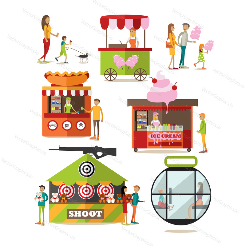 Vector set of amusement park design elements, icons in flat style. Kids with their parents, having rest, buying cotton candy, ice cream and hot dog. Street food truck, stall, kiosk. Shooting range.