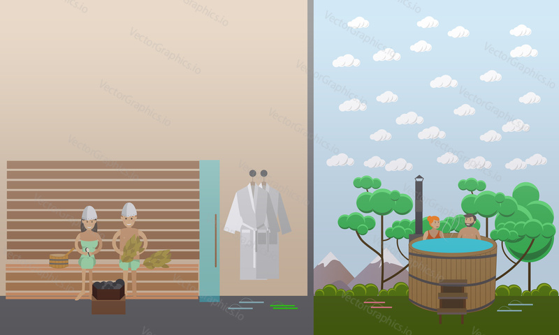 Vector illustration of clients enjoying barrel and steam sauna. Spa aqua therapy concept design element in flat style
