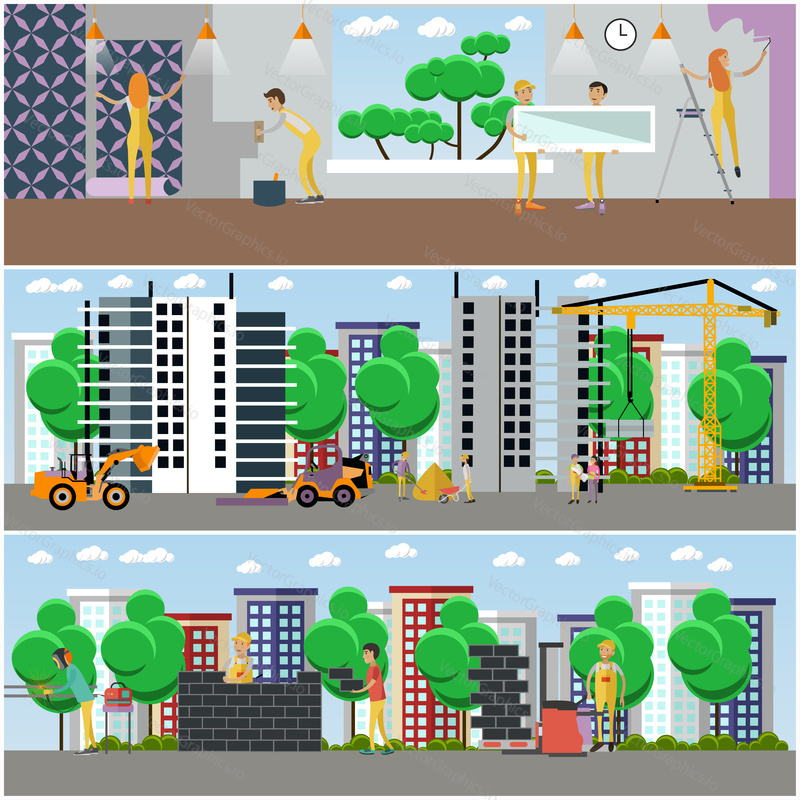 Vector set of building and repairing a house concept posters, banners in flat style. Construction site with machinery and builders, workers puttying, painting, decorating walls and installing window.