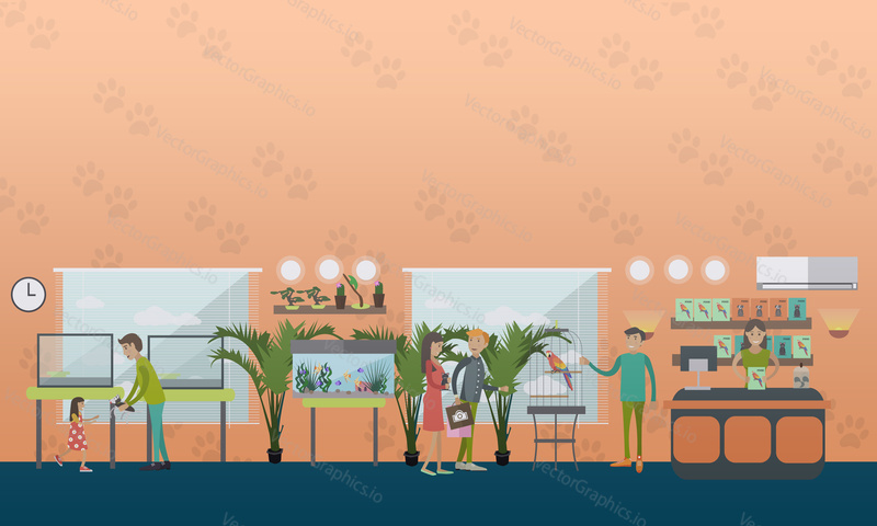 Vector illustration of pet shop with saleswoman, animals and people buying cat, dog, cockatoo in cage and food for parrots. Flat style design elements.