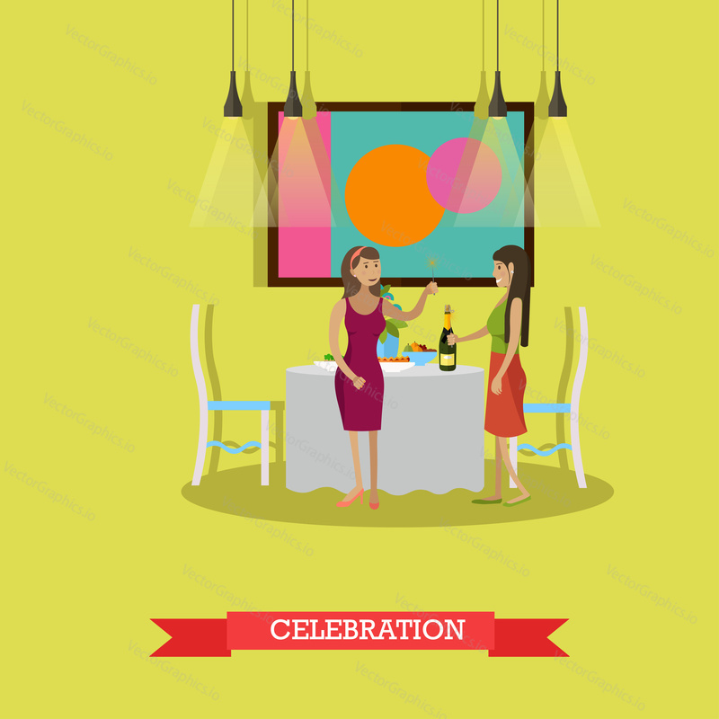 Vector illustration of women with sparklers. Festive dinner, bottle of champagne on the table. Living room interior. New Years Eve celebration design element in flat style.