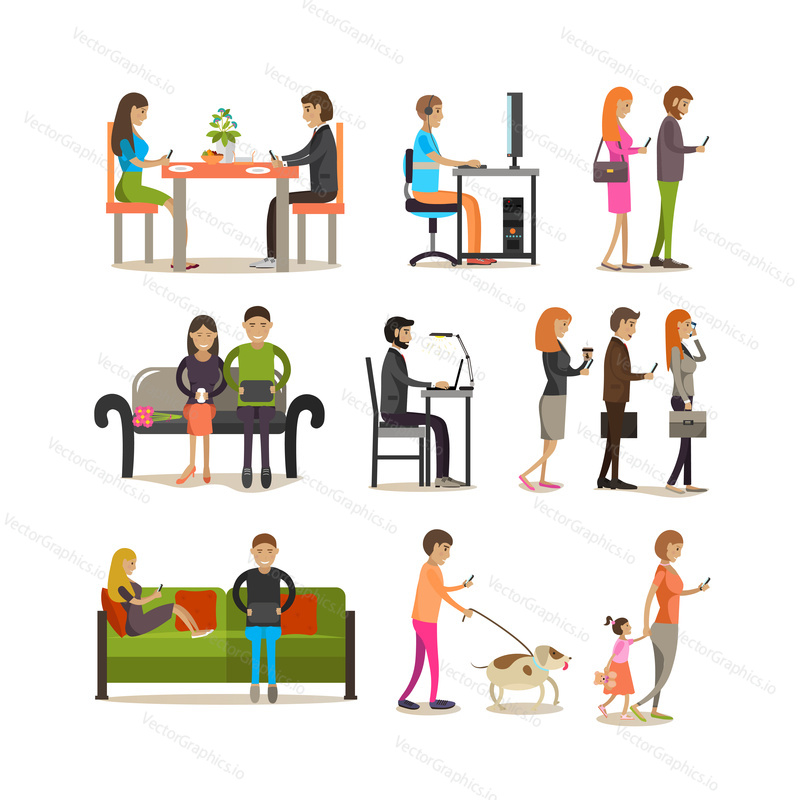 Vector set of people young and adult making use of various modern gadgets in their daily life. Flat style characters, design elements, icons isolated on white background.