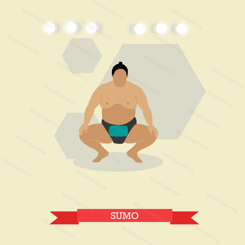 Sumo wrestler ready to fight. Fat, big, overweight man. Traditional sport, martial art of Japan. Vector illustration in flat design