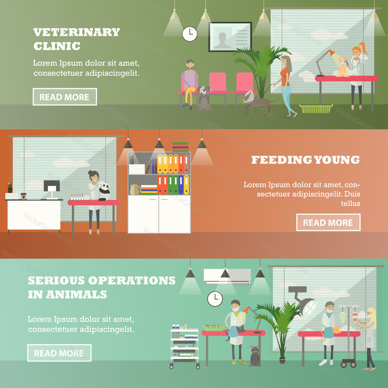 Vector set of veterinary care concept horizontal banners. Veterinary clinic, Feeding young and Serious operations in animals design elements in flat style.