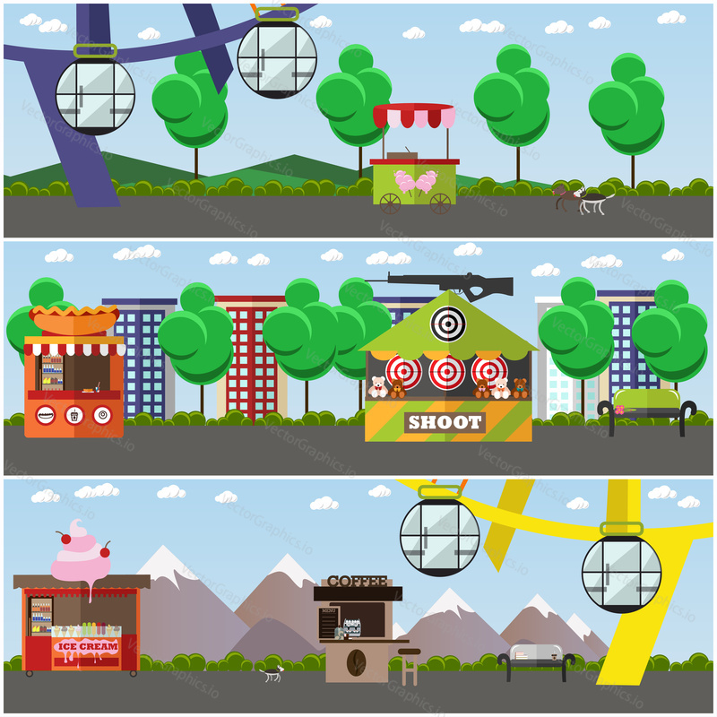 Vector set of amusement park concept posters, banners. Amusement park area with ferris wheel, shooting range attractions, food stalls, trolley design elements in flat style.